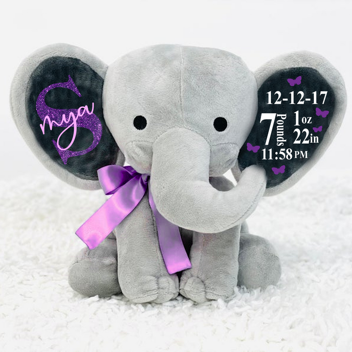 Custom Birth Stat Elephant Stuffed Animal - Butterfly