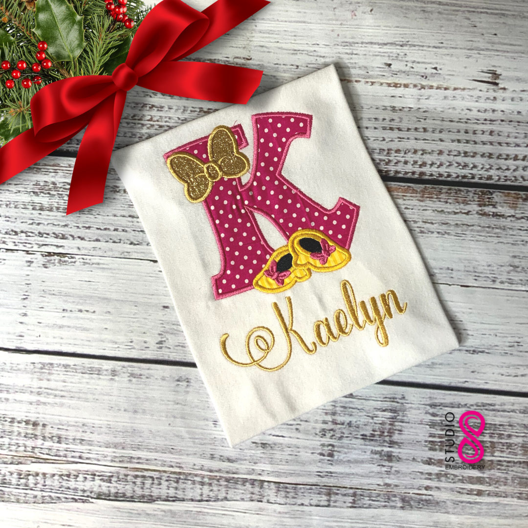 Magical Shoes Initial Applique Shirt (Minnie Mouse Inspired)