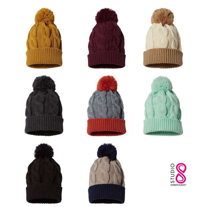 Custom Cable Knit Pom Pom Beanie