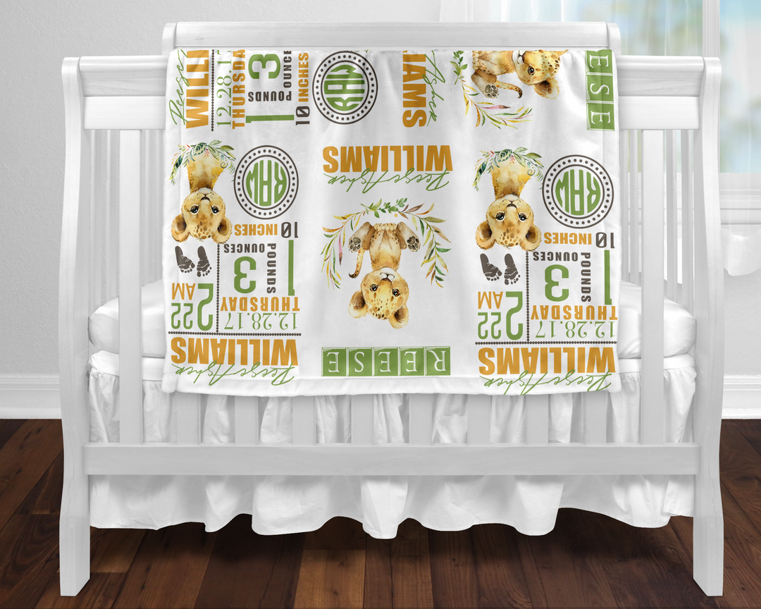 Custom Birth Stat Monogram Safari Themed Blanket (Baby Lion)