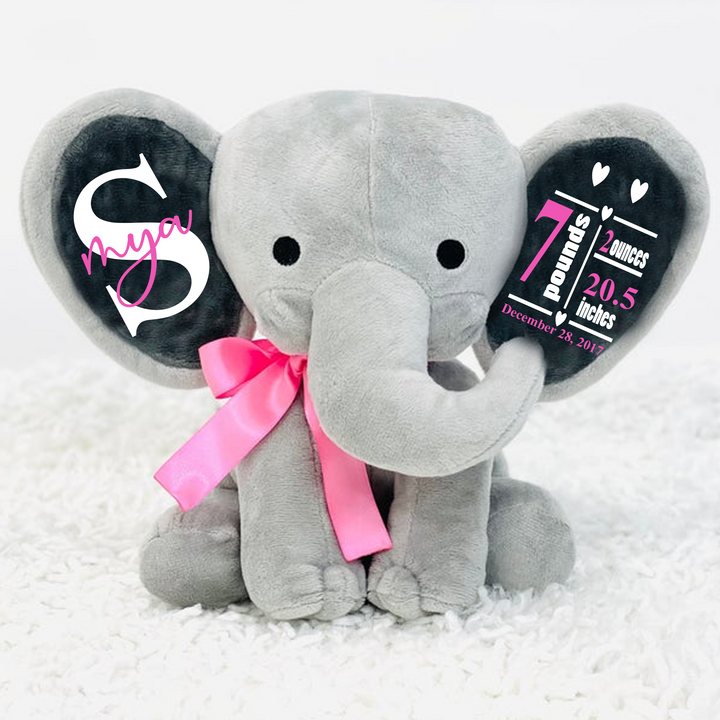Custom Birth Stat Elephant Stuffed Animal - Hearts