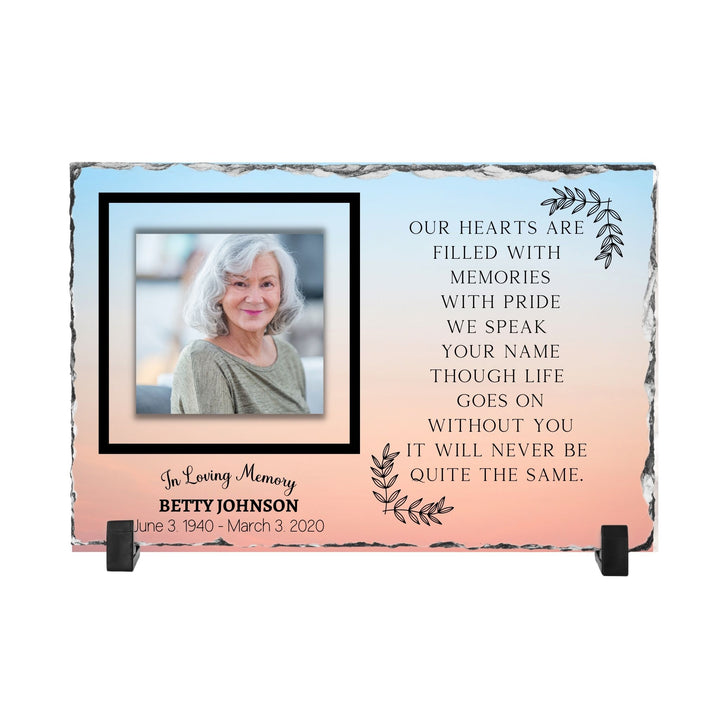 Custom Memorial Stone Plaque | Our Hearts are Filled with Memories (Sunset)